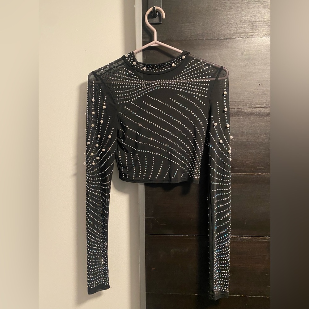 Black mesh long sleeve shirt with pearls and crystals